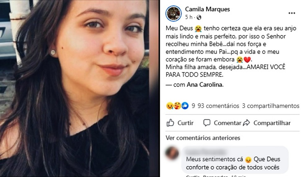 Ana Carolina Pereira Pinto, de 20 anos, foi encontrada morta pelos pais dentro do quarto, em Votorantim (SP), na manhã de terça-feira (26); o bebê também não resistiu. | Imagem: Reprodução