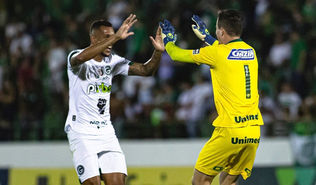 David Duarte e Tadeu comemoram retorno para a elite do Brasileirão; goleiro foi o destaque da partida  | foto: Diogo Reis / Agif