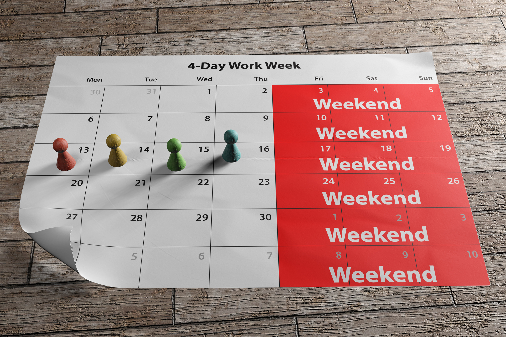 A long weekend calendar to illustrate the concept of four-day work week introduced by the UK and European companies