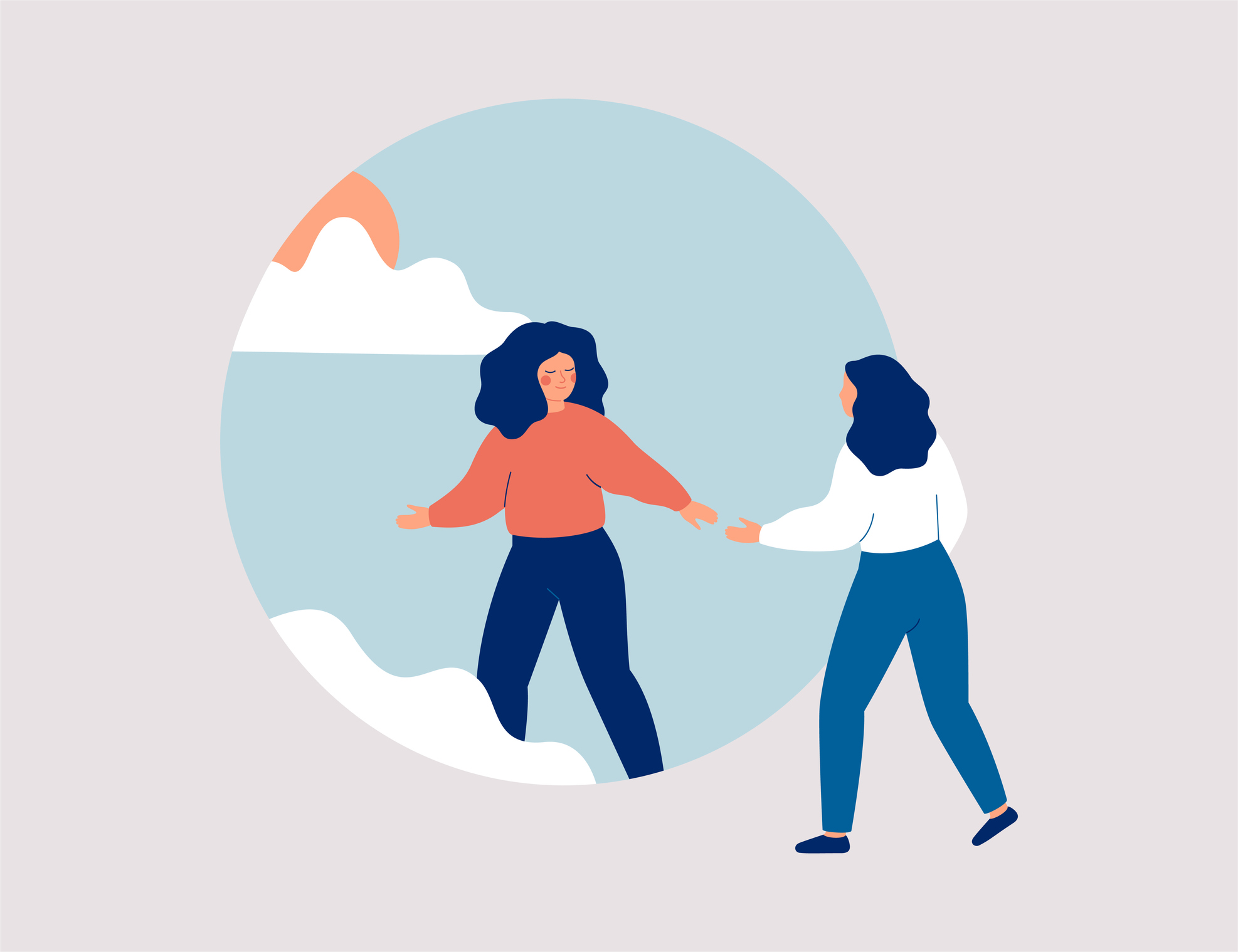 Woman aids person gets rid of depression, anxiety and stress. Friend or caregiver supports female and helps start the new life. Psychological concept of life improvement. Vector illustration