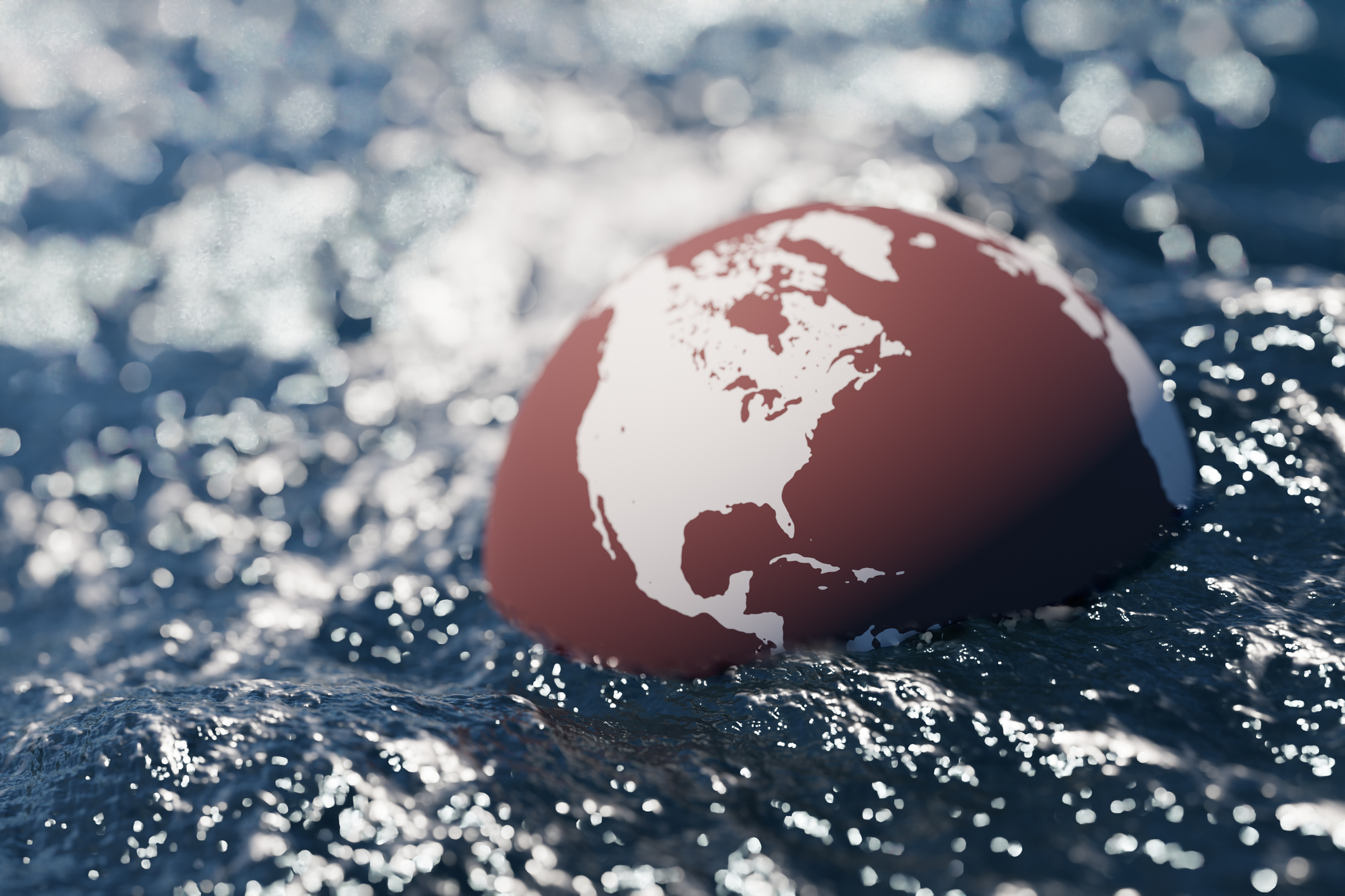 Global climate change concept image of a flooded Earth. 3d rendering