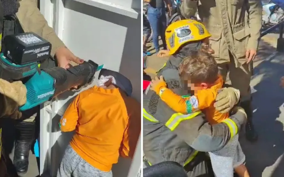 Criança precisa de resgate após prender a cabeça em painel de fotos, em Caldas Novas