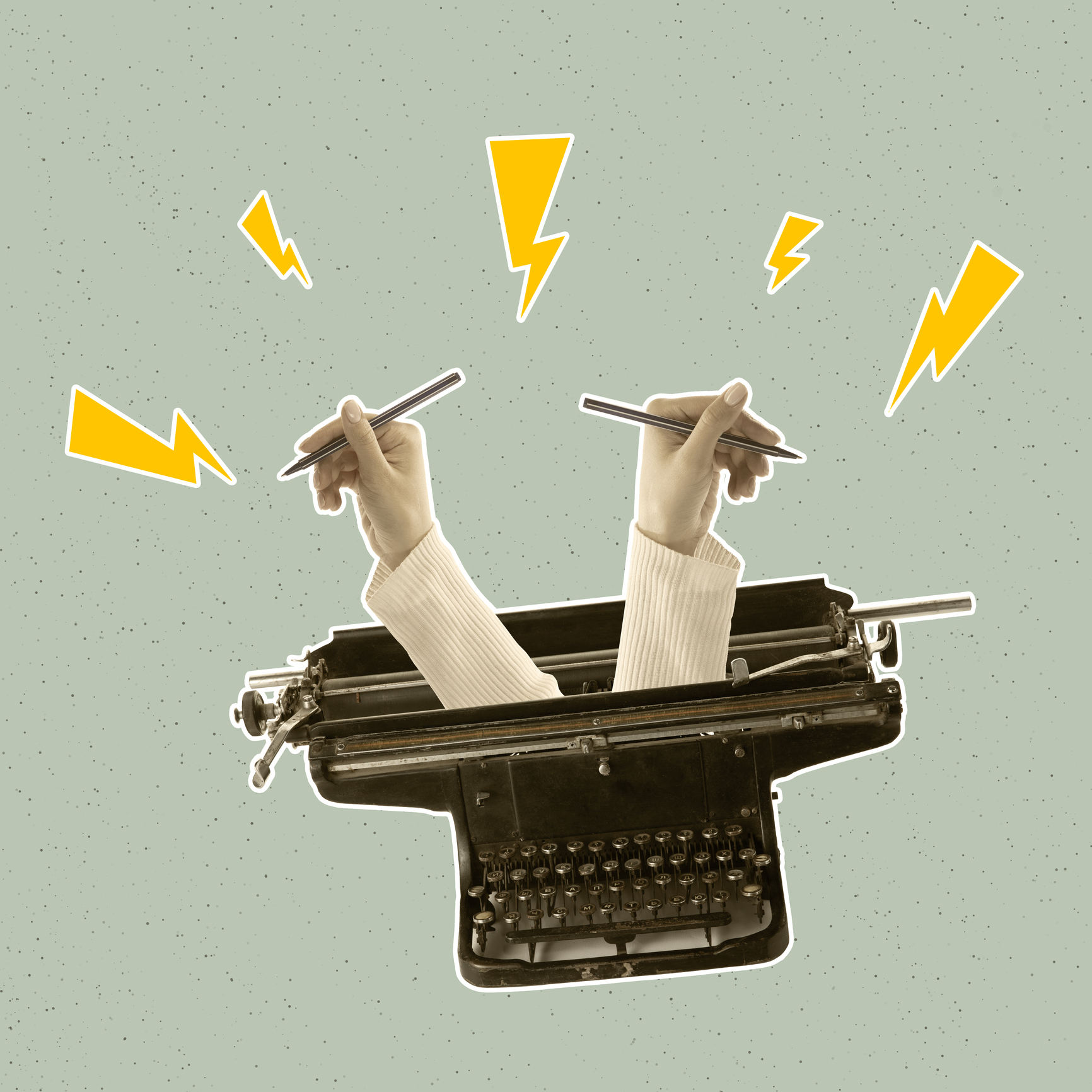Contemporray art collage. Vintage design style. Two hands sticking out retro typewriter, creating text, story. Copy space for ad, text. Concept of old fashion, history, creativity, inspiration