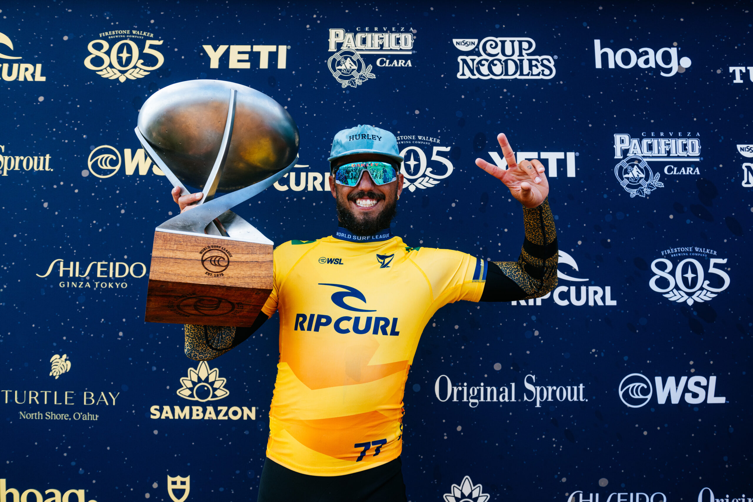LOWER TRESTLES, CALIFORNIA, UNITED STATES - SEPTEMBER 9: WSL Champion Filipe Toledo of Brazil after winning the 2023 World Title after Title Match 2 of the Finals at the Rip Curl WSL Finals on September 9, 2023 at Lower Trestles, California, United States. (Photo by Thiago Diz/World Surf League)