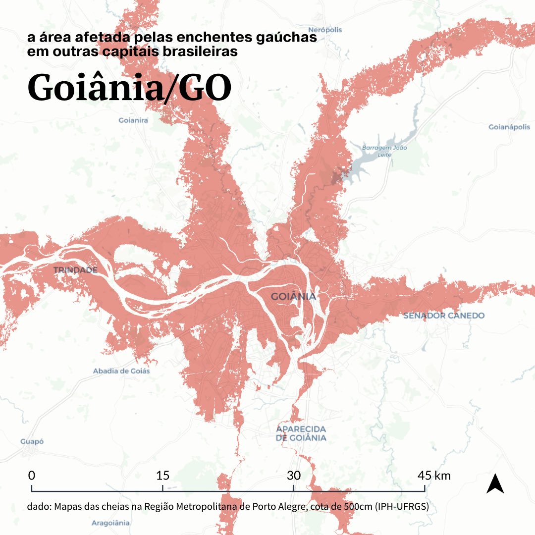 Saiba como ficariam mapas de Goiânia, Aparecida, Trindade e Senador Canedo com enchentes de Porto Alegre