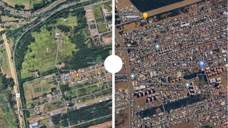 Veja imagens de antes e depois das enchentes no RS