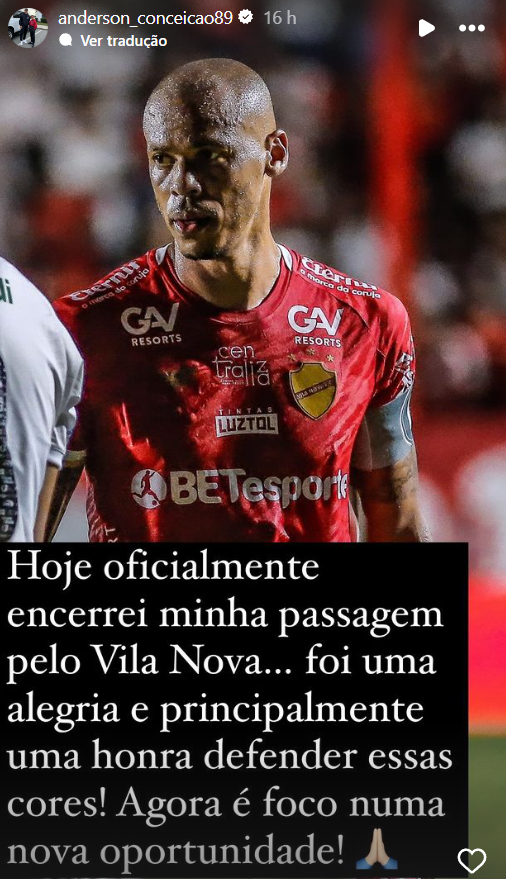 Anderson Conceição agradece ao Vila Nova nas redes sociais