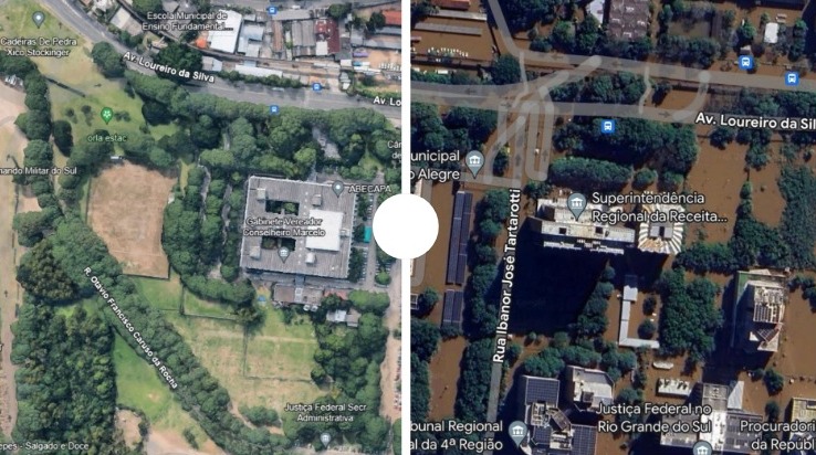 Veja imagens de antes e depois das enchentes no RS