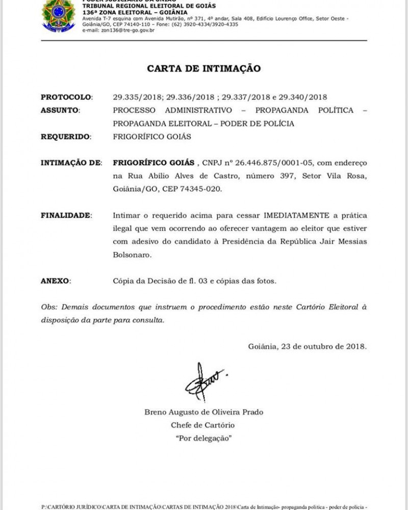 Justiça eleitoral envia carta de intimação para dono de frigorífico (Foto: Divulgação) 