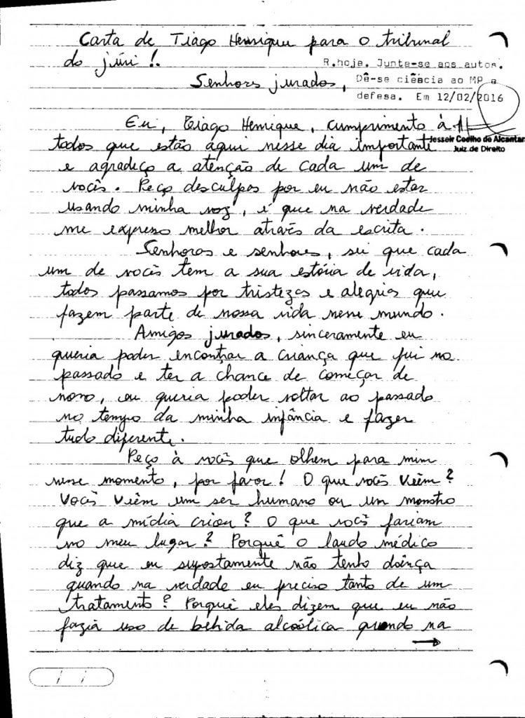 Imagem Ilustrando a Notícia: Tiago entrega carta antes do júri
