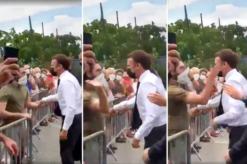 Imagem Ilustrando a Notícia: Presidente da França é agredido com tapa no rosto durante passeio