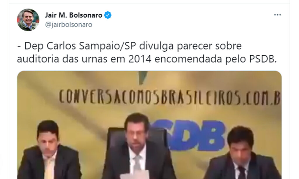 Imagem Ilustrando a Notícia: Bolsonaro volta a contestar sistema de votos e publica vídeo do PSDB de 2015