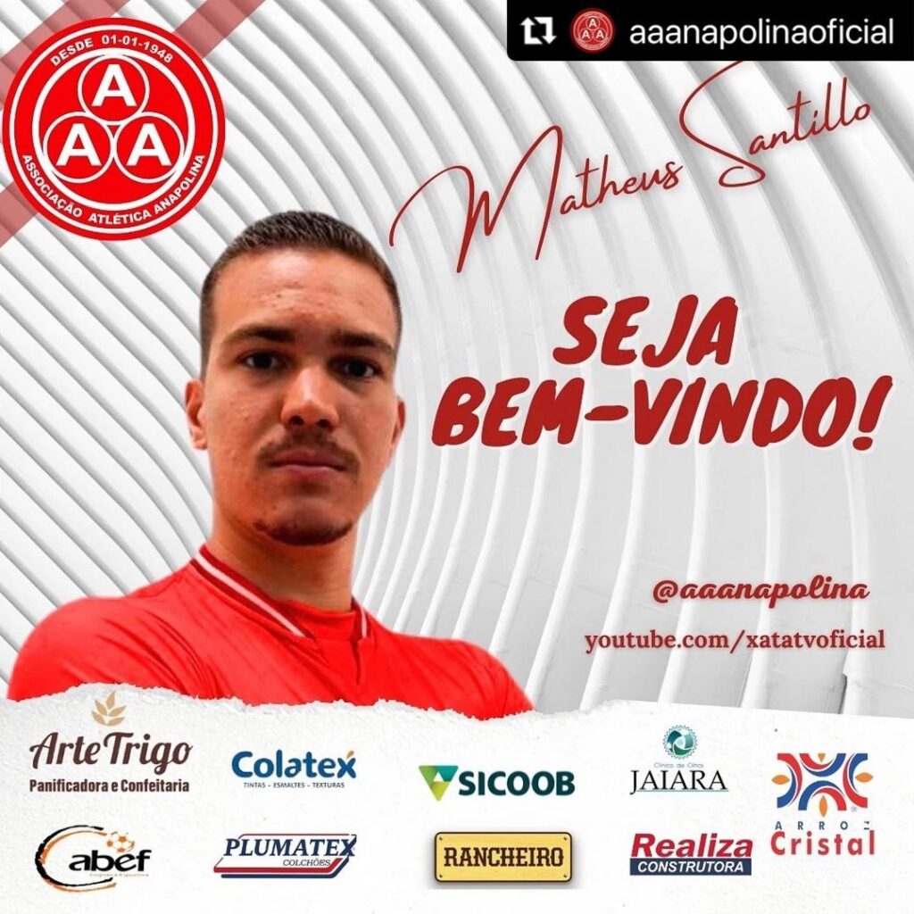 Imagem Ilustrando a Notícia: Anapolina anuncia contratação de goleiro Matheus Santillo, ex-Goiânia