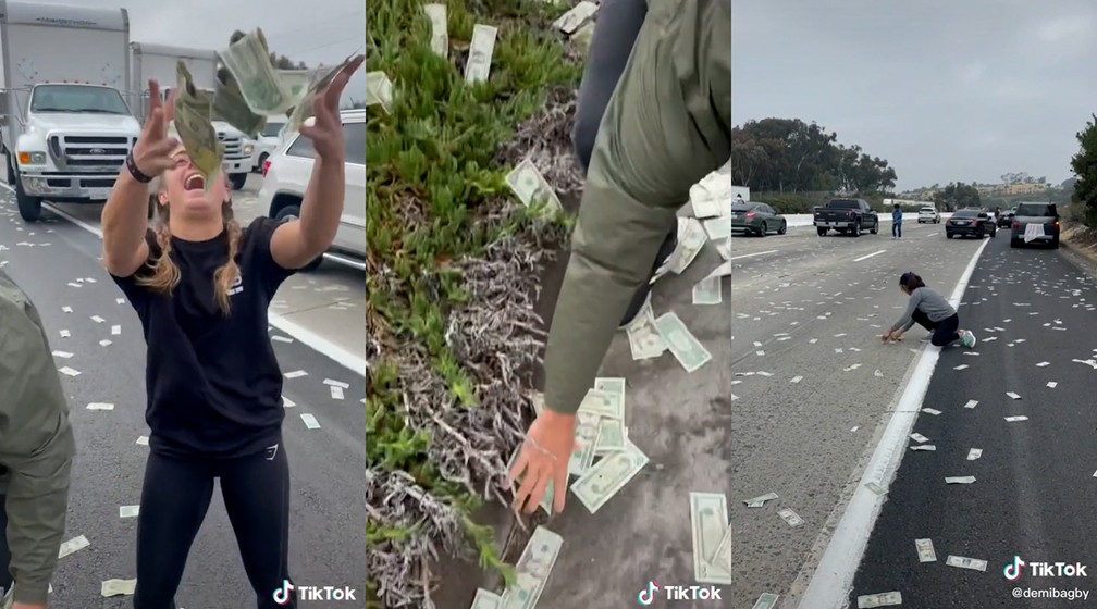 Imagem Ilustrando a Notícia: Após porta de carro forte se abrir nos EUA, rodovia fica coberta de dinheiro
