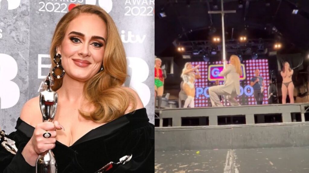 Imagem Ilustrando a Notícia: Após premiação, Adele se arrisca em pole dance em casa noturna de striptease; veja vídeo
