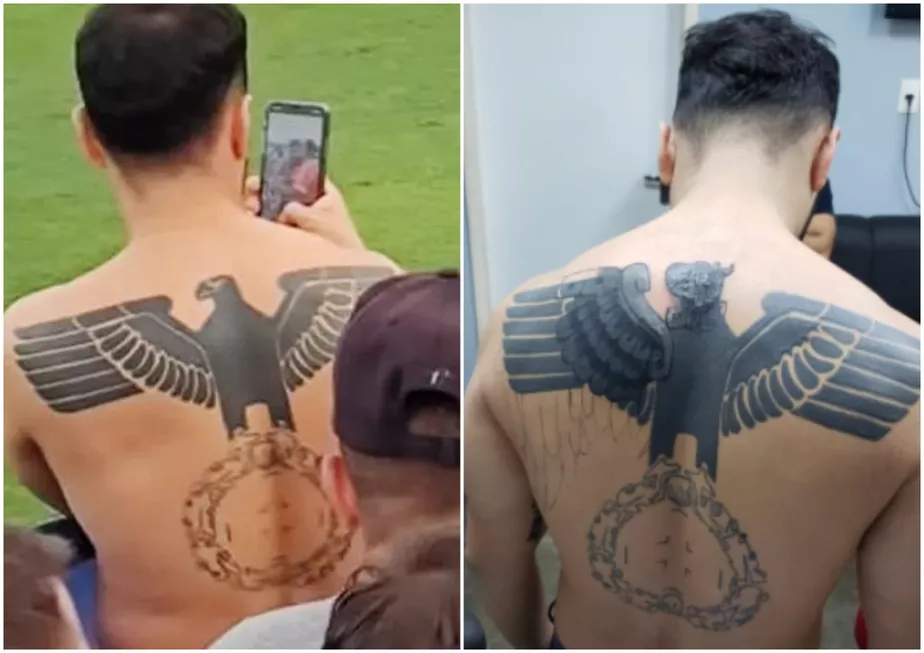 Imagem Ilustrando a Notícia: “Não sabia o significado”, diz torcedor flagrado com tatuagem nazista nas costas