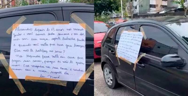 Imagem Ilustrando a Notícia: Mulher traída cola cartaz no carro do ex pedindo respeito à amante; “Cria vergonha, vai morar com a moça”