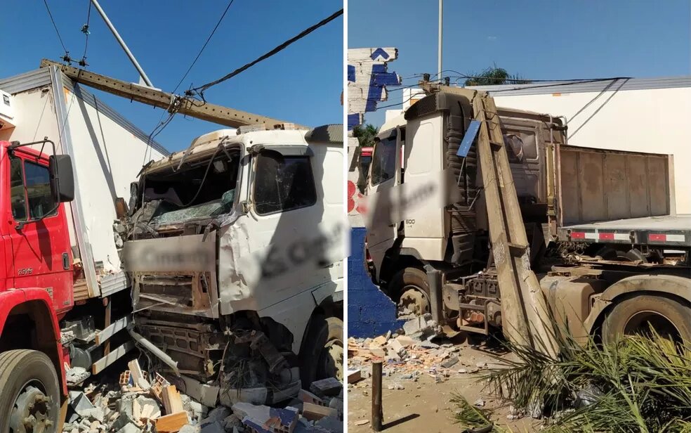 Imagem Ilustrando a Notícia: Após batida, caminhão derruba poste e vai parar dentro de oficina em Goiânia