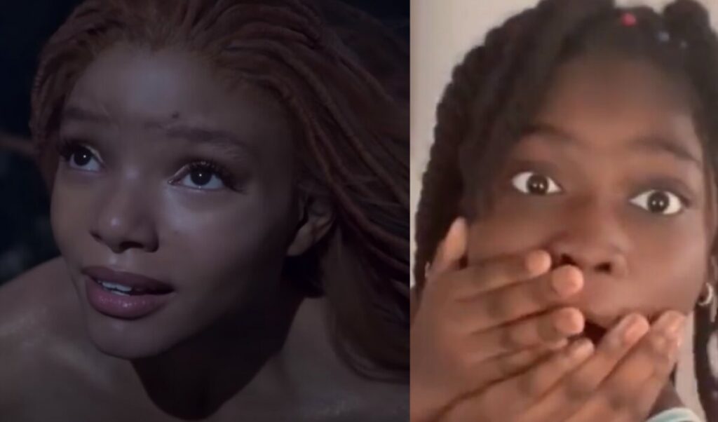 Imagem Ilustrando a Notícia: A Pequena Sereia: reação de meninas negras assistindo ao trailer com Halle Bailey viraliza; “ela é preta!”