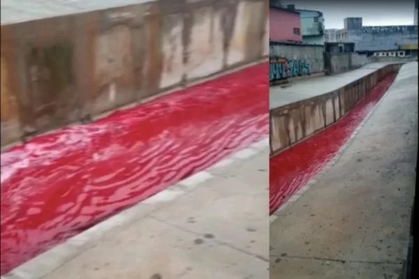 Imagem Ilustrando a Notícia: Córrego de São Bernardo do Campo fica vermelho e assusta moradores; assista