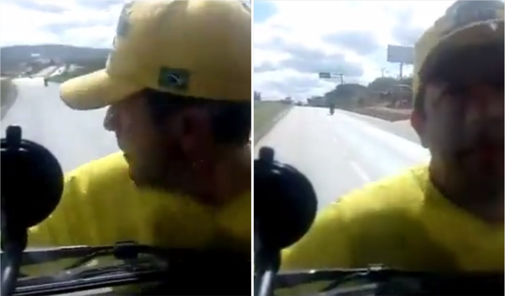 Imagem Ilustrando a Notícia: Vídeo: Bolsonarista se agarra a caminhão para impedir passagem, mas é levado no para-brisa