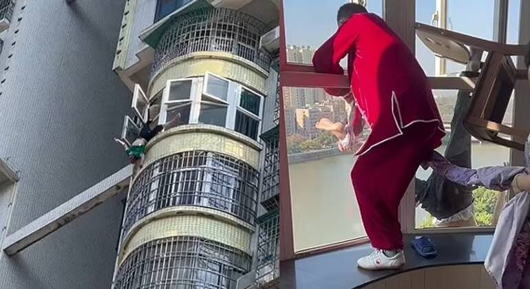 Imagem Ilustrando a Notícia: Vídeo: Idoso chinês fica pendurado em janela de prédio a 45 metros de altura