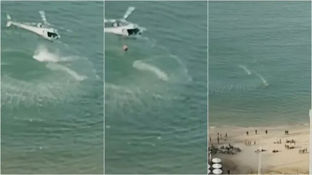 Imagem Ilustrando a Notícia: Vídeo: PM pula de helicóptero no mar, nada e captura suspeito, em Fortaleza