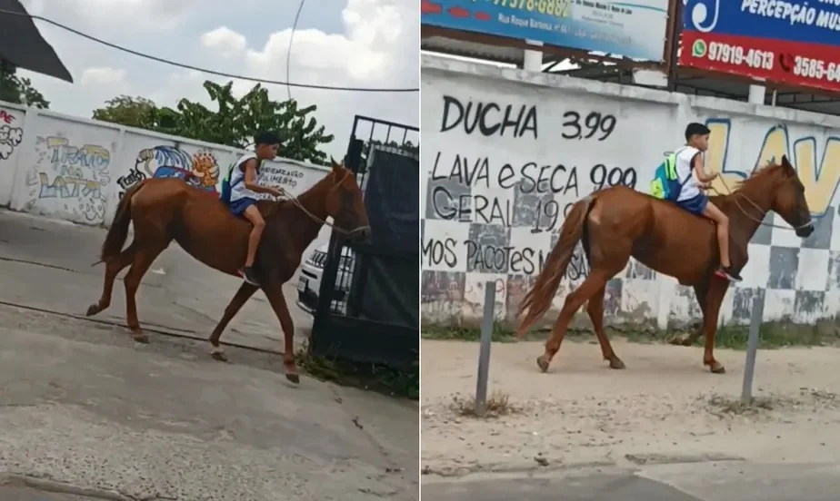 Imagem Ilustrando a Notícia: Menino de 11 anos viraliza ao ir pra escola de cavalo: “Pneu da bicicleta furou”