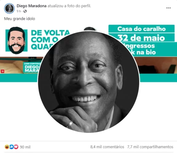 Imagem Ilustrando a Notícia: Hacker invade perfil de Maradona no Facebook e substitui foto do jogador com a de Pelé