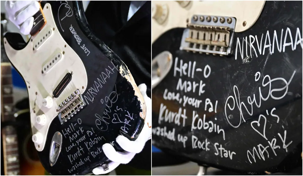 Imagem Ilustrando a Notícia: Guitarra destruída por Kurt Cobain será leiloada por US$ 80 mil