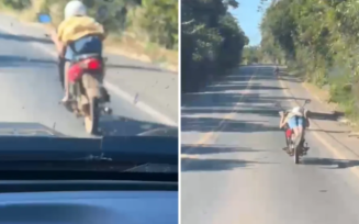 Imagem Ilustrando a Notícia: Motociclista é flagrado realizando manobra de risco em rodovia GO-060