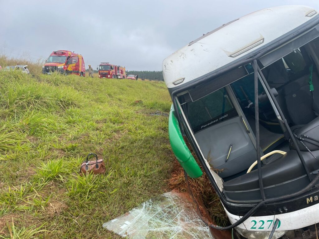 Imagem Ilustrando a Notícia: Ônibus colide contra veículo e cai em ribanceira na GO-70, em Inhumas