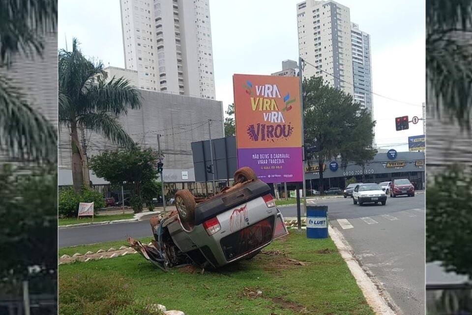 Imagem Ilustrando a Notícia: Moradores de Goiânia se assustam com carro capotado, mas encontram mensagem de alerta: ‘Não deixe o Carnaval virar tragédia