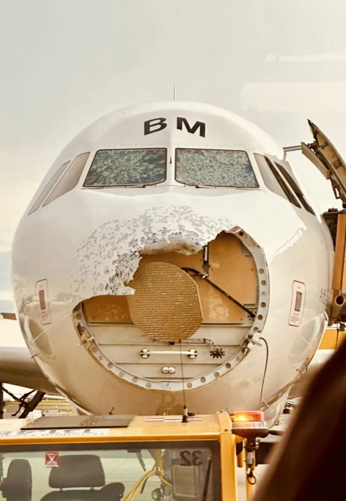 Imagem Ilustrando a Notícia: Avião passa por chuva de granizos e sofre danos impressionantes; veja