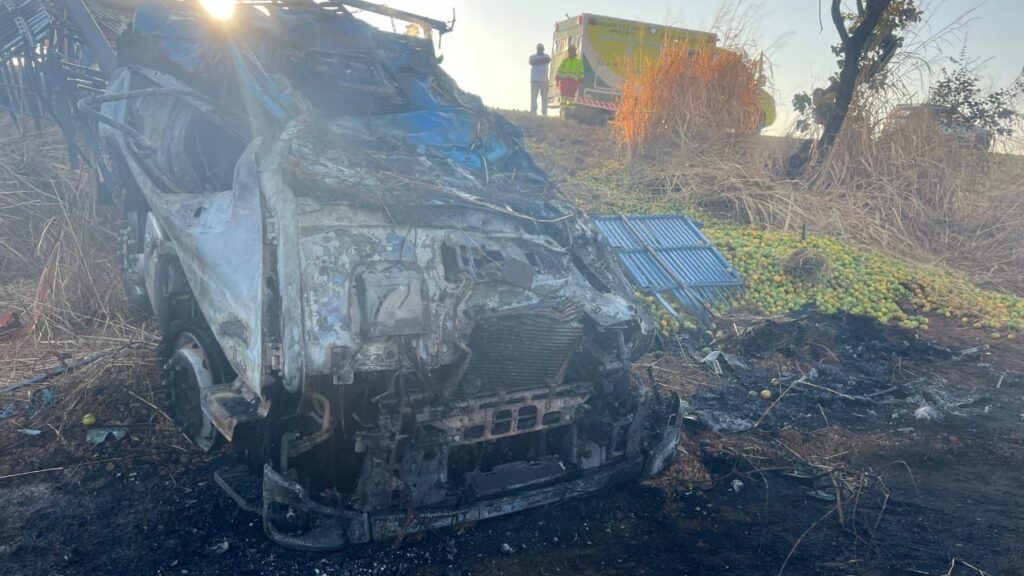 Imagem Ilustrando a Notícia: Caminhão de laranjas tomba, pega fogo e motorista morre na BR-050