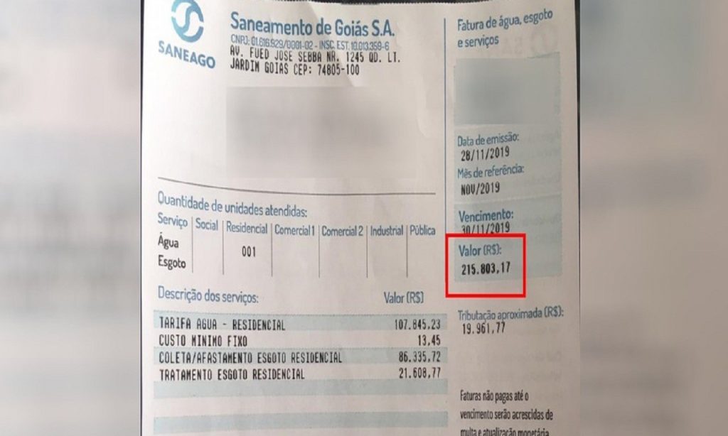 Imagem Ilustrando a Notícia: Casal recebe conta de água de R$ 215 mil, em Goiânia