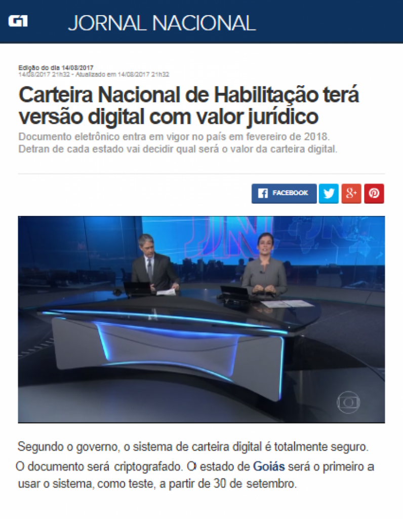 Imagem Ilustrando a Notícia: Jornal Nacional destaca: Goiás será primeiro Estado a implantar CNH Digital