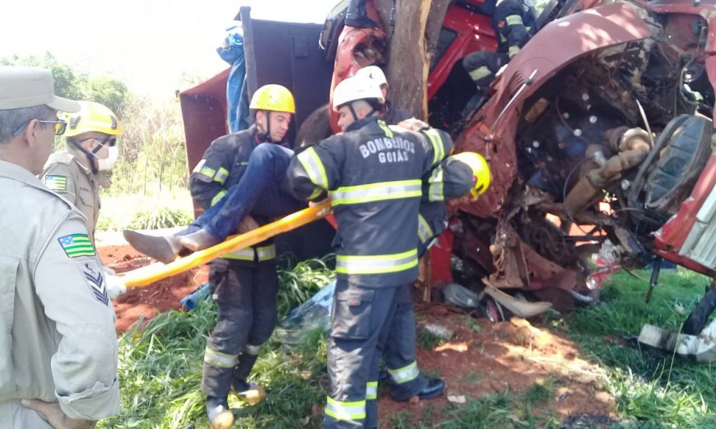 Imagem Ilustrando a Notícia: Motorista sobrevive após caminhão tombar e bater em árvore na Avenida Goiás
