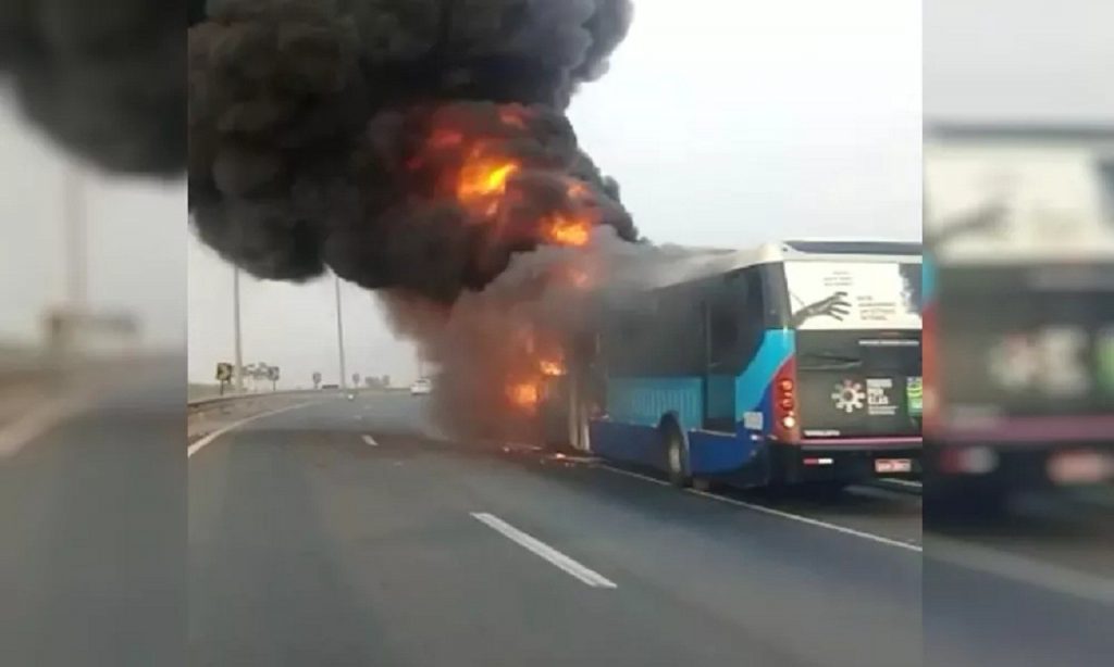 Imagem Ilustrando a Notícia: Ônibus do transporte coletivo pega fogo na GO-403 e fica destruído