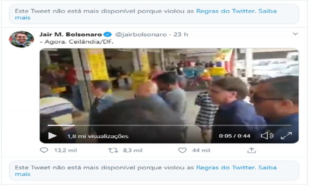 Imagem Ilustrando a Notícia: Publicações de Bolsonaro são excluídas após ferirem diretrizes de uma rede social