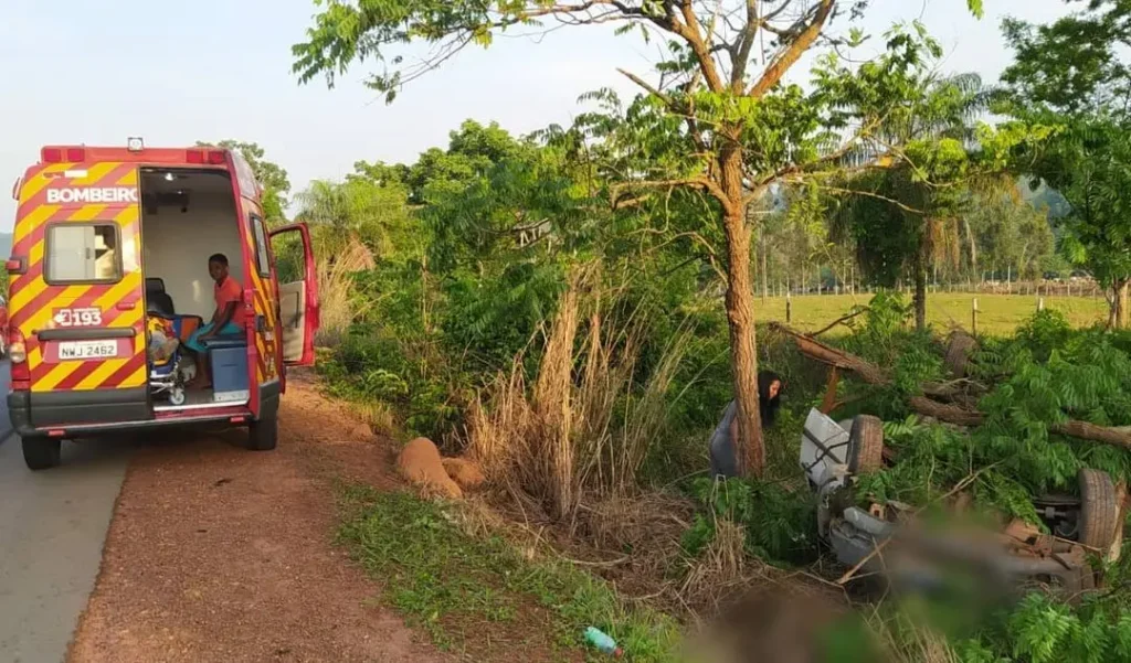 Um carro capotou e em seguida colidiu com uma árvore às margens da rodovia. Três pessoas ficaram feridas | Foto: Divulgação/ CBM-GO