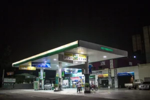 Sao Paulo, Brazil, April 22, 2010.  Petrobras petrol station at night in São Paulo at night. Petrobras is one of largest energy and oil companies in the world.