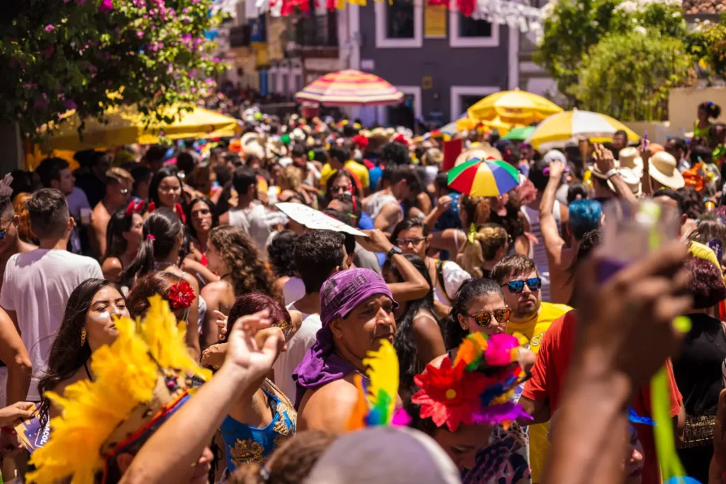Olinda, Pernambuco, Brazil - February 11, 2018: Brazilians and tourists wearing costumes and celebrate the Carnival 2018 in Olinda, Pernambuco, Brazil