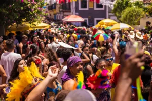 Olinda, Pernambuco, Brazil - February 11, 2018: Brazilians and tourists wearing costumes and celebrate the Carnival 2018 in Olinda, Pernambuco, Brazil