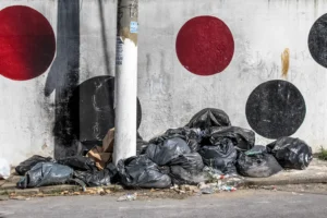 São Paulo, Brazil, December 22, 2015. Black bags of trash on street in Sao Paulo city