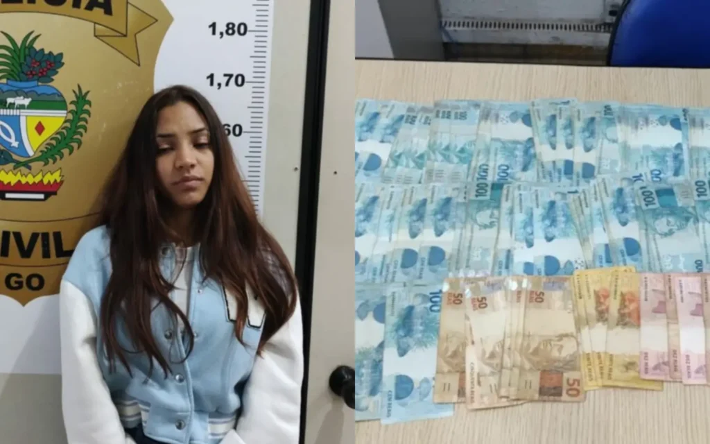A mulher foi presa em Caldas Novas, em uma camionete e a quantia de R$ 12 mil em espécie. De acordo com a Polícia Civil, havia indícios de tentativa de fuga do país | Foto: PCGO