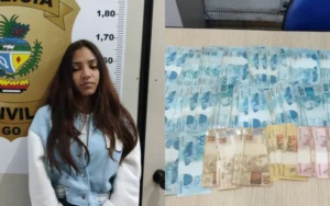 A mulher foi presa em Caldas Novas, em uma camionete e a quantia de R$ 12 mil em espécie. De acordo com a Polícia Civil, havia indícios de tentativa de fuga do país | Foto: PCGO