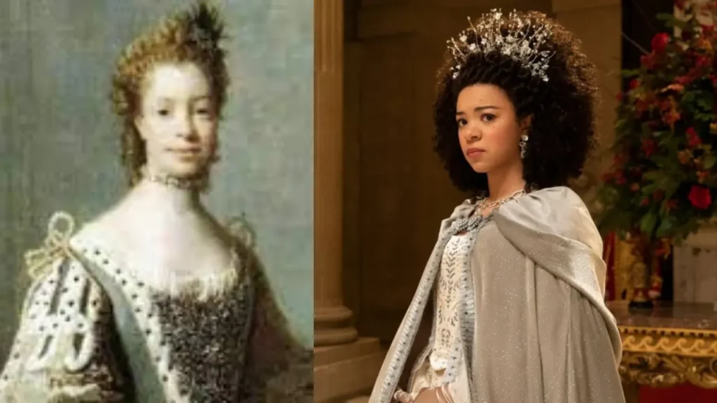 Retrato de rainha Carlota ao lado de personagem da ficção