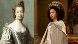 Retrato de rainha Carlota ao lado de personagem da ficção