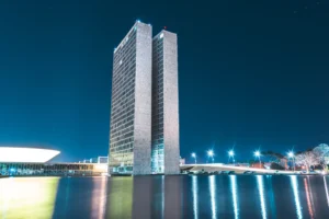 Brasilia Brazil. March 2020. Brazilian National Congress building illuminated and without tourists, absent since the beginning of COVID-19 news